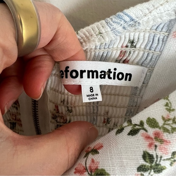 Reformation Belgium Linen Dress Surrey Floral Midi Puff Sleeves Size 8 - Picture 10 of 12